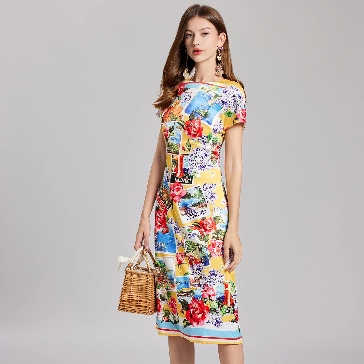 Runway New Summer Letters Postcard Print Floral Midi Long Rose Dress Women Short Sleeve Sheath Pencil Party Vestidos Female