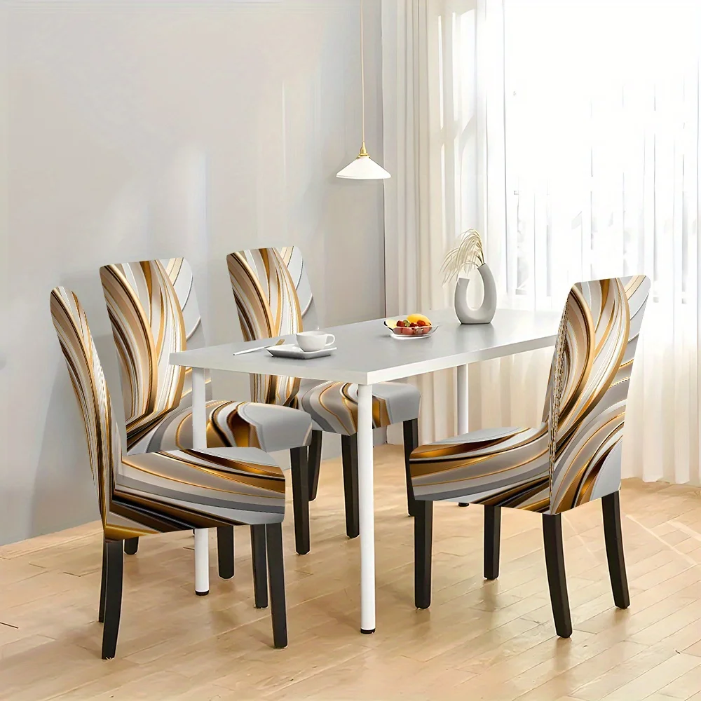 2026 New Elastic Full - Coverage Chair Cover, Luxury Gold - Silver Geometric Wave Print, Summer Outdoor &