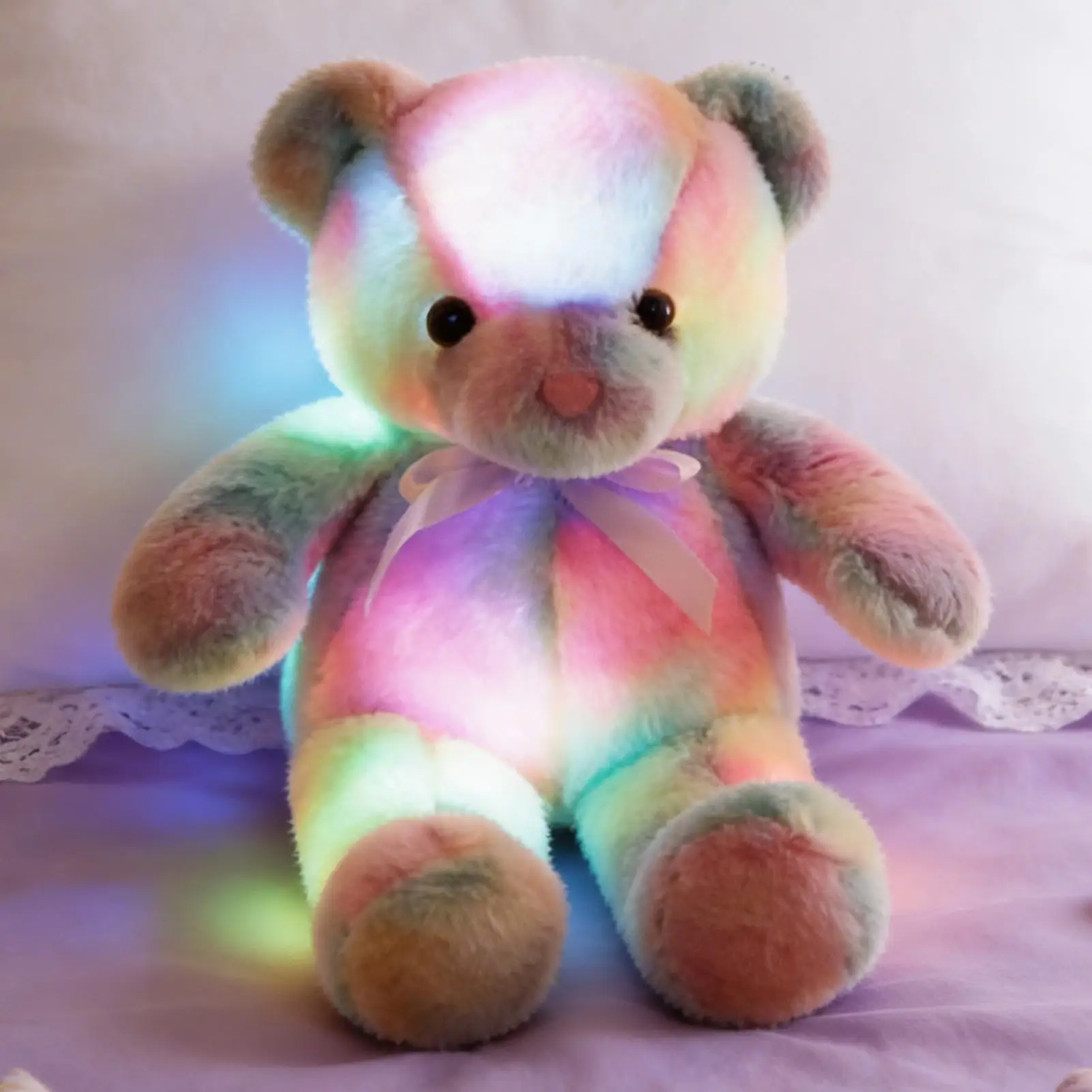Urso de pelúcia portátil suave brinquedo macio com luzes led arco-íris urso de pelúcia animal de pelúcia para família amigos crianças menino