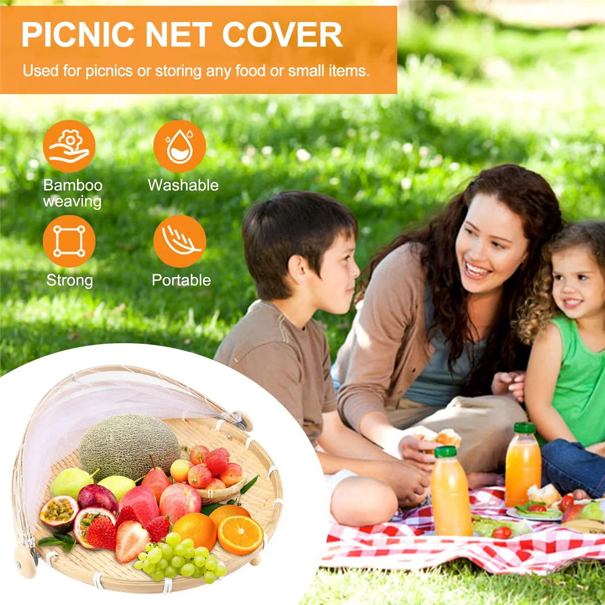 Hand-Woven Food Tent Basket Tray Fruit Vegetable Bread Storage Basket Simple Atmosphere Outdoor Picnic Mesh Net Cover