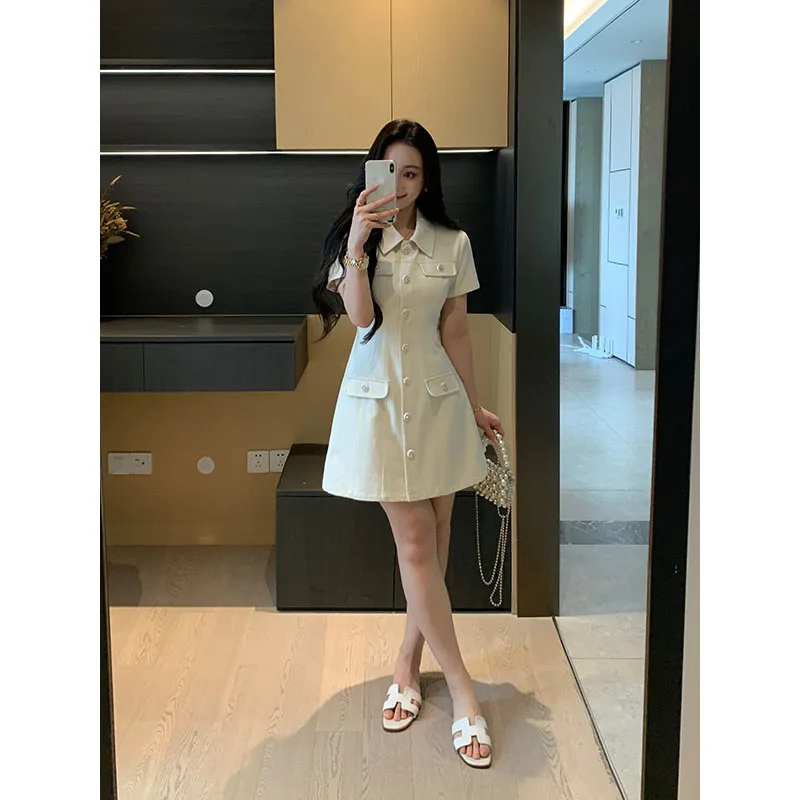 

Slimming High Waist Diagonal Stripe Denim Dr XIN Summer Collar A-Line Skirt Commute Sle Cotton ort Sve