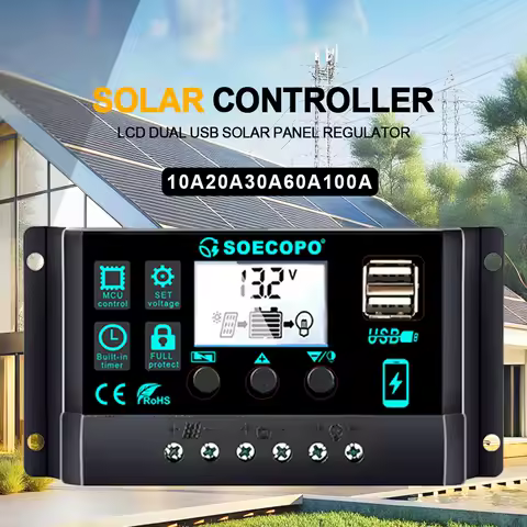 12V/24V 100A Solar Charge Controller AutoSwitch LCD Display with Overcharge/Short Circuit Protection for RV Boat Off-Grid System