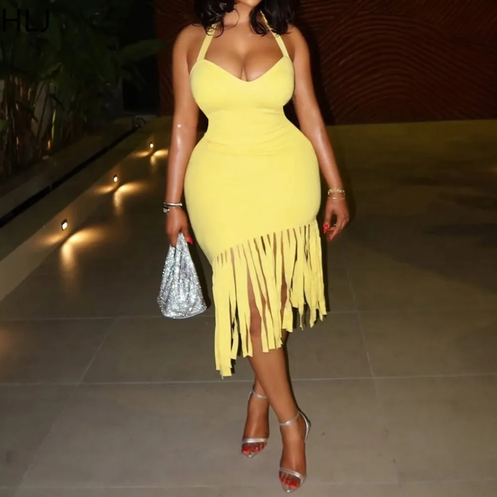 

HLJ Sexy Tassel Patchwork Bodycon Dresses Woman Solid Color Spaghetti Strap Sleeveless Backless Dress Female Streetwear Vestidos
