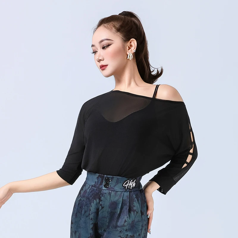 مائل الكتف شبكة اللاتينية الرقص أعلى ممارسة الملابس النساء اللاتينية الرقص الملابس الكبار الفالس حفلة موسيقية السالسا الرقص ارتداءها XH3032