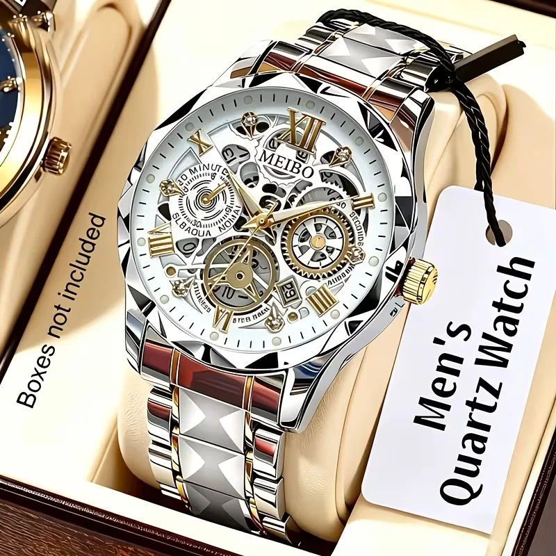 Luxury Watch Under 20000 - ラグジュアリースケルトンダイアルメンズビジネスウォッチ ステンレススチール カレンダー クォーツ腕時計 ギフト レロジオマスキュリーノ（箱なし）