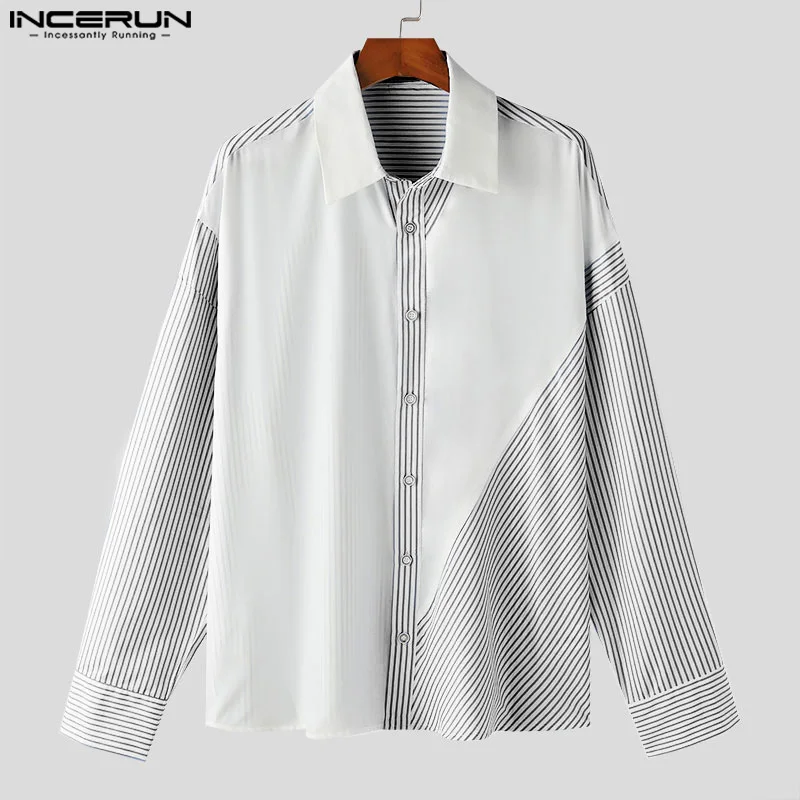 INCERUN Tops  2024 Korean Style New Men\'s Irregular Striped Design Blouse Casual Simple All-match Long Sleeved Lapel Shirt S-5XL