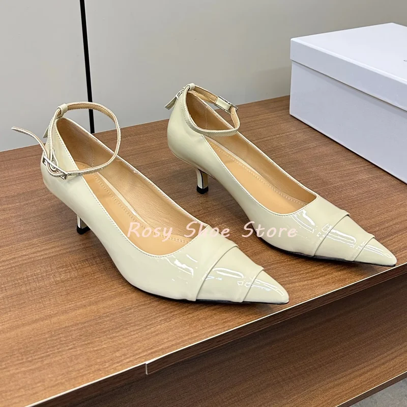 2025 جديد جلد طبيعي بوينت تو هريرة كعب المرأة مضخات بيرليسسينت براءات الاختراع والجلود الكاحل حزام مضخات مكتب سيدة فستان حذاء