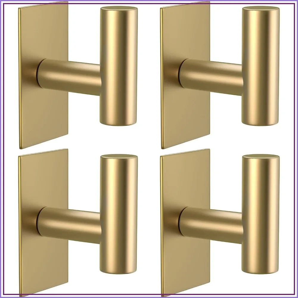 Heavy Duty Adhesive Towel Hooks, Waterproof Wall Hooks for Hanging Coats, Clothes, Kitchen, Bathroom - 4 Pack (Gold)