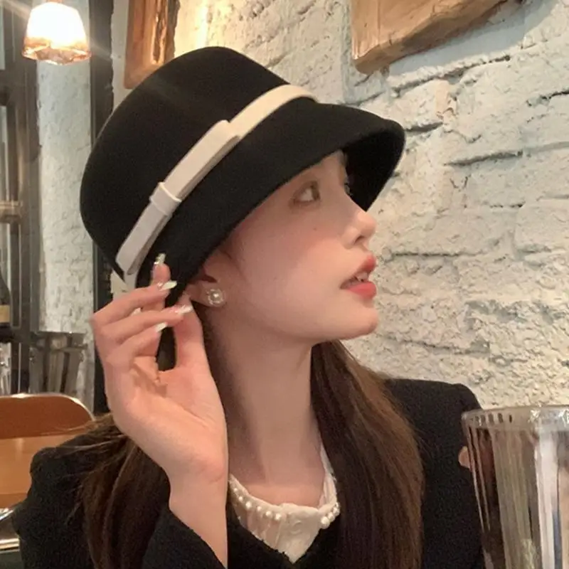 39BD Princess Bowknot Woolen Hat Breathable Elegant Bowknot Belt Hat Holiday Wear