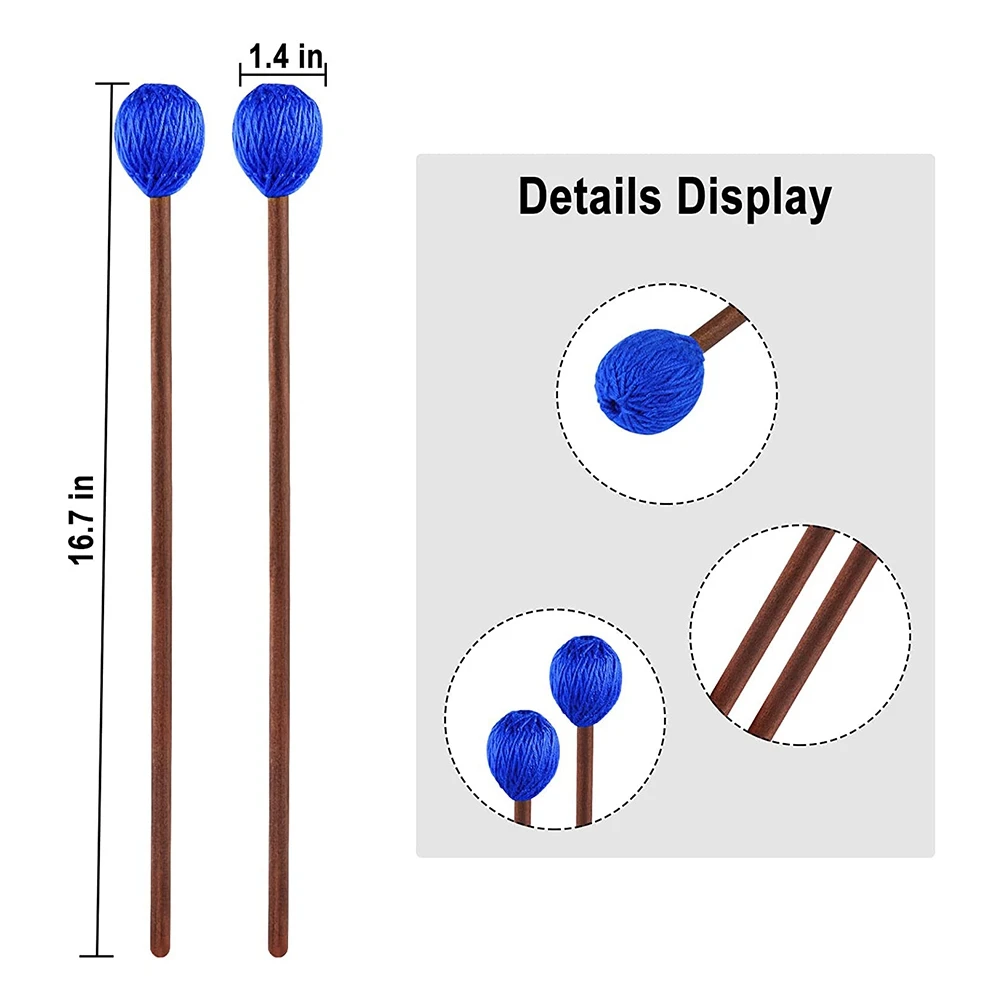 2 Pairs Marimba Mallets Glockenspiel Sticks with Wood Handle Medium Hard Blue Yarn and Black Rubber with Wood Handle