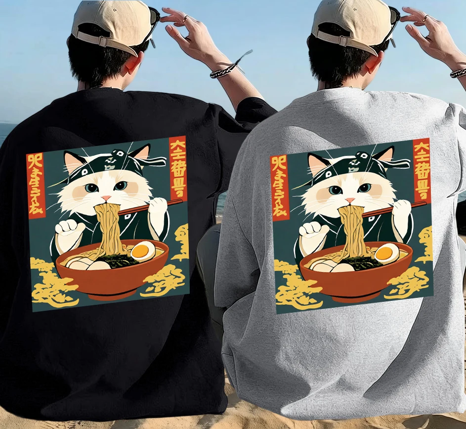 

Cats Who Like Lamian Noodles Very Much Print Cotton Breathable Summer Tee Shirts Set Man'S Soft Sport Top Trendy Street Clothes
