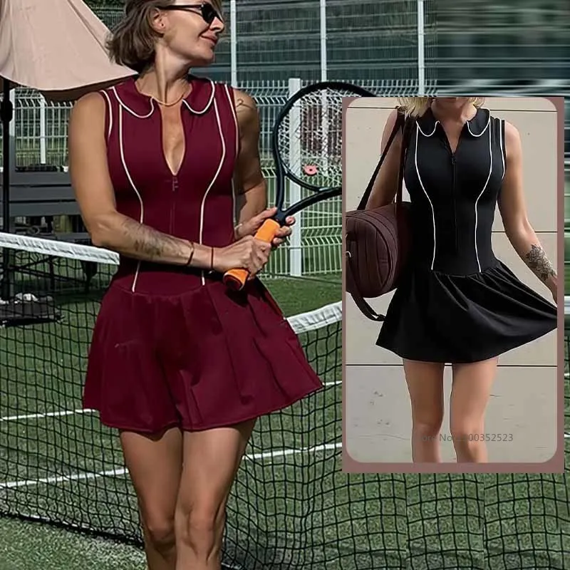 

Summer Golf Tennis Dress for Women Sleeveless Zipper V-neck Sports Dresses High Waist Training Workout Skirt with Bra and Short