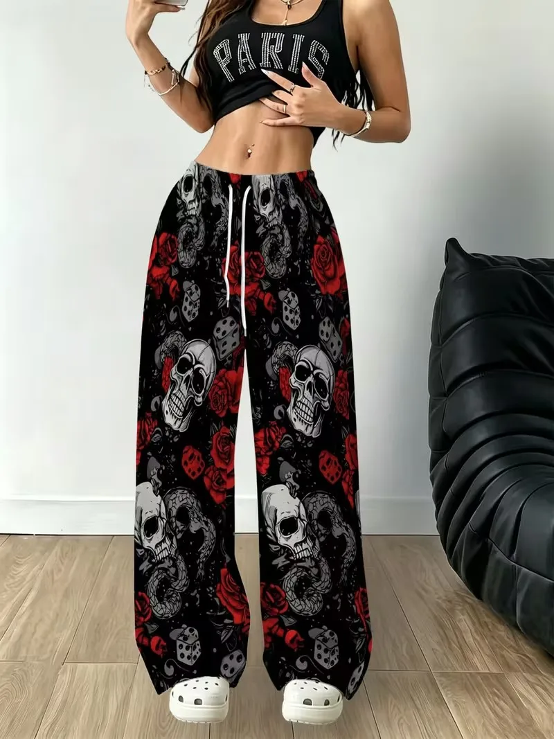 Ladies' elastic drawstring fashion sports casual pants colorful candy skeleton rose flower retro painted full print loose pants