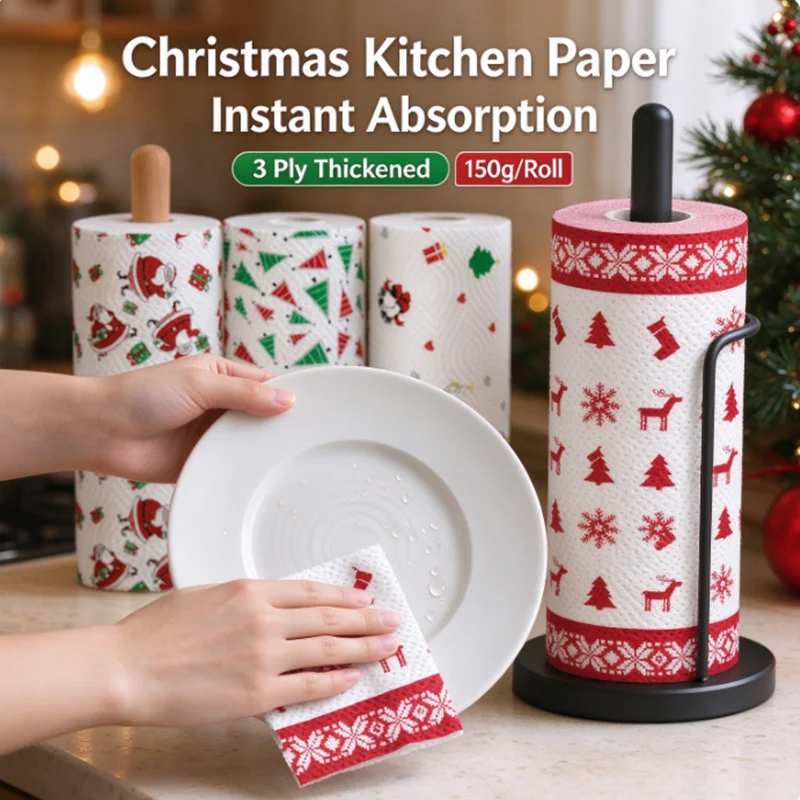 Christmas-themed printed kitchen paper towels - three-layer thick, suitable for both dry and wet cleaning - for holiday kitchen