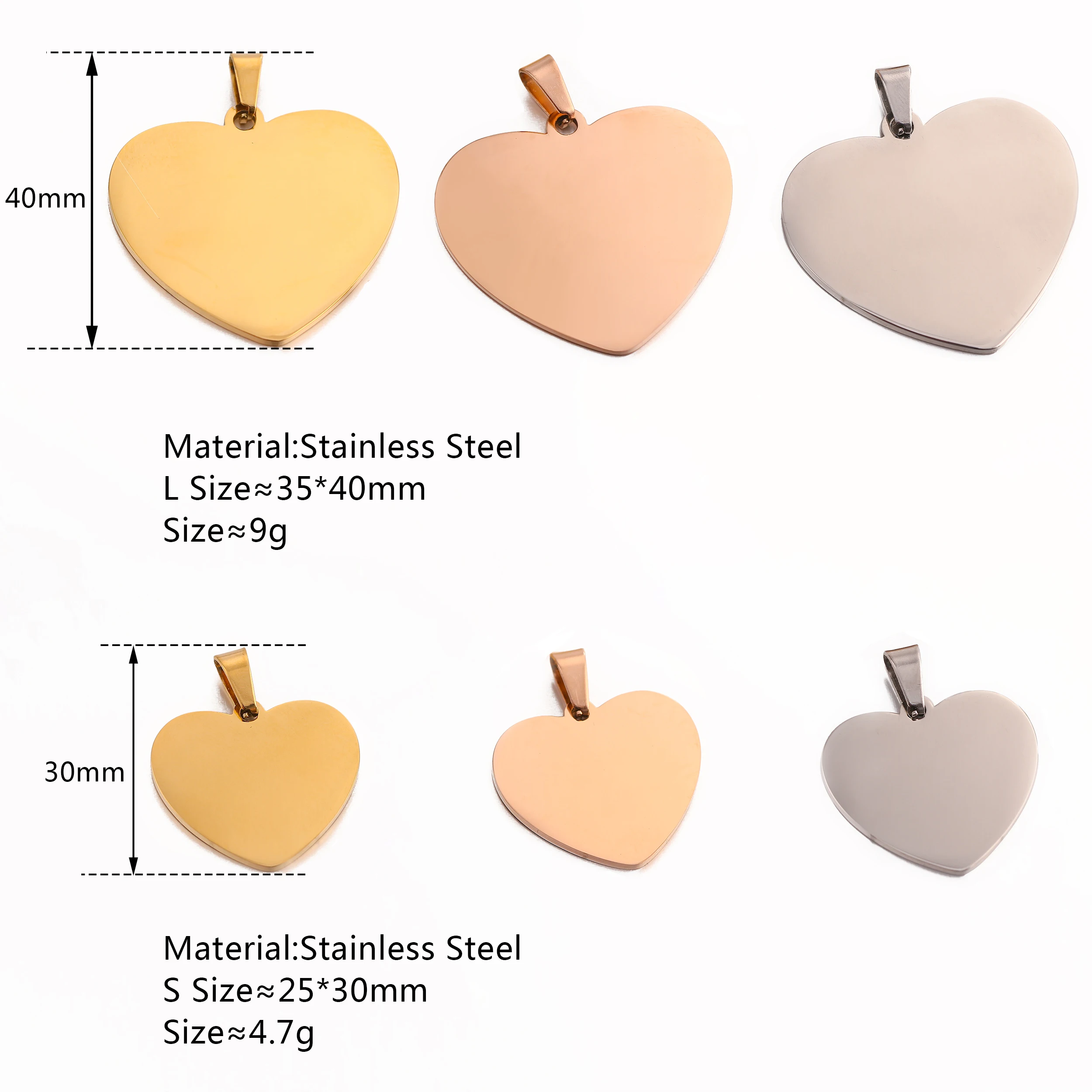 5Pcs/Lot Mirror Polished Blank Heart Charms PVD Plated Stainless Steel Pendant for Engraving Record DIY Necklaces Jewelry Making