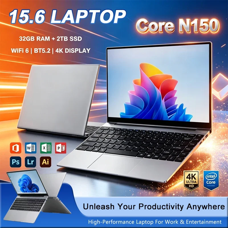 New 15.6' Laptop Intel Core N150 32GB 2TB Gaming PC Ultra Slim Office Study Computer PC Windows 11 Pro 1920*1080