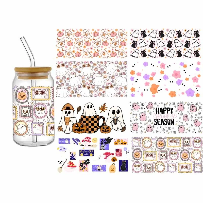 Halloween Series Easy Peel Waterproof DIY Decals 3D Transfers UV DTF Ghost Stickers 16oz UV DTF Cup Wraps For Glasses