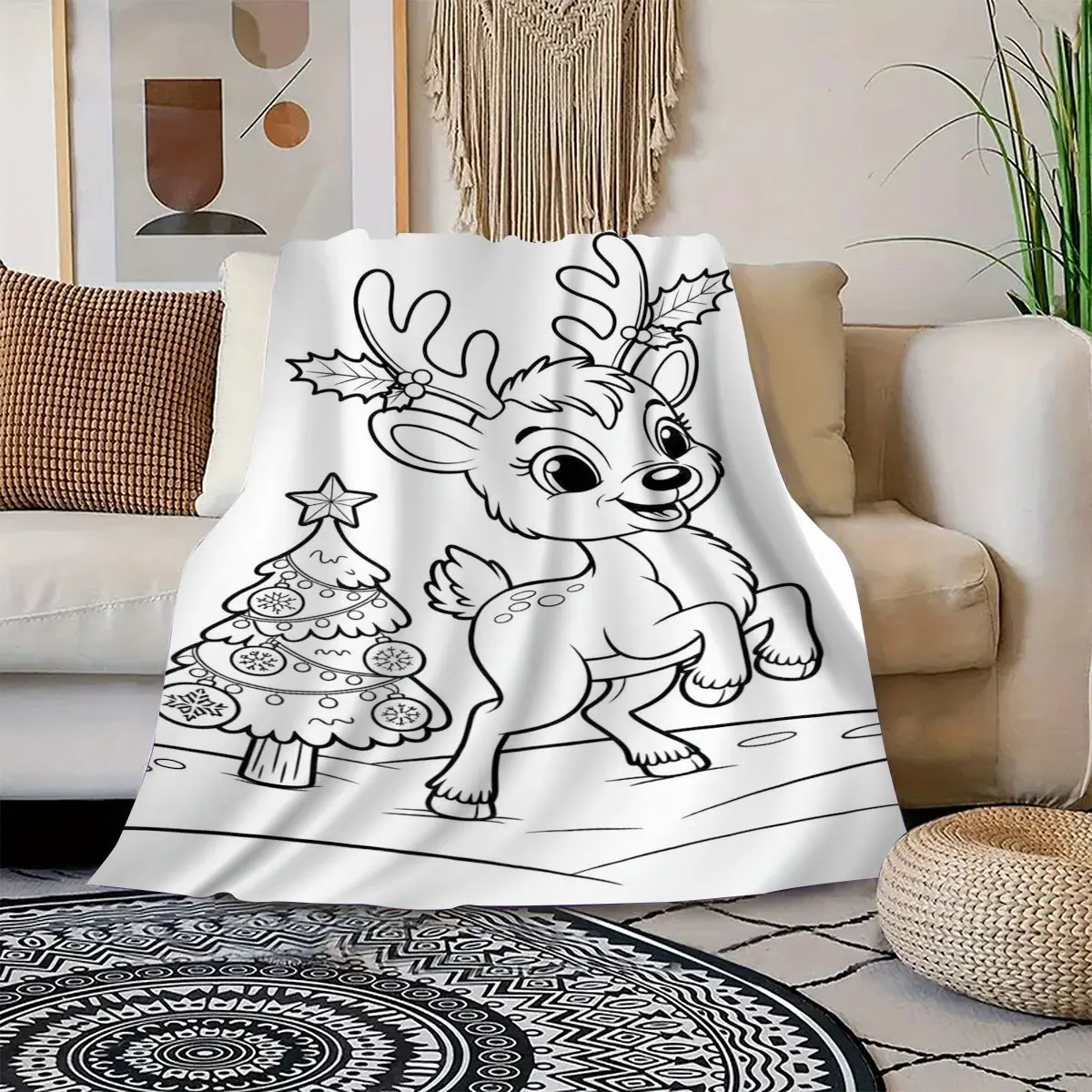 Line Art Xmas Reindeer Christmas Tree Pattern Throw Blanket Soft Flannel for Kids Bedroom Sleeping Nook Warm Home Decor Gift