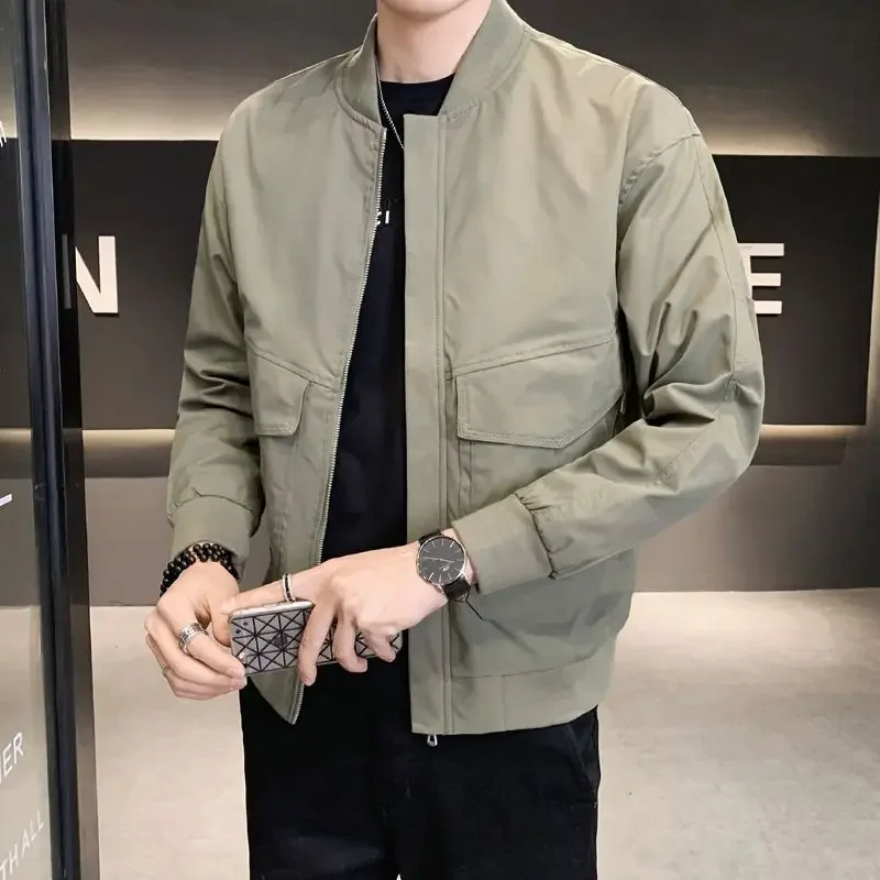 Advanced New Casual Baseball Jackets Men Solid Baseball Neck Patchwork Zipper Pocket Korean Long Sleeved Windbreak Coats XT352