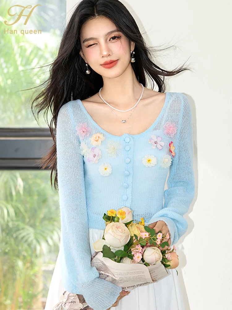 

H Han Queen Korean Elegant Nail Flower Knitted Cardigan Women Sweaters O-Neck Loose Casual Basic Long Sleeve Vintage Tops 2025