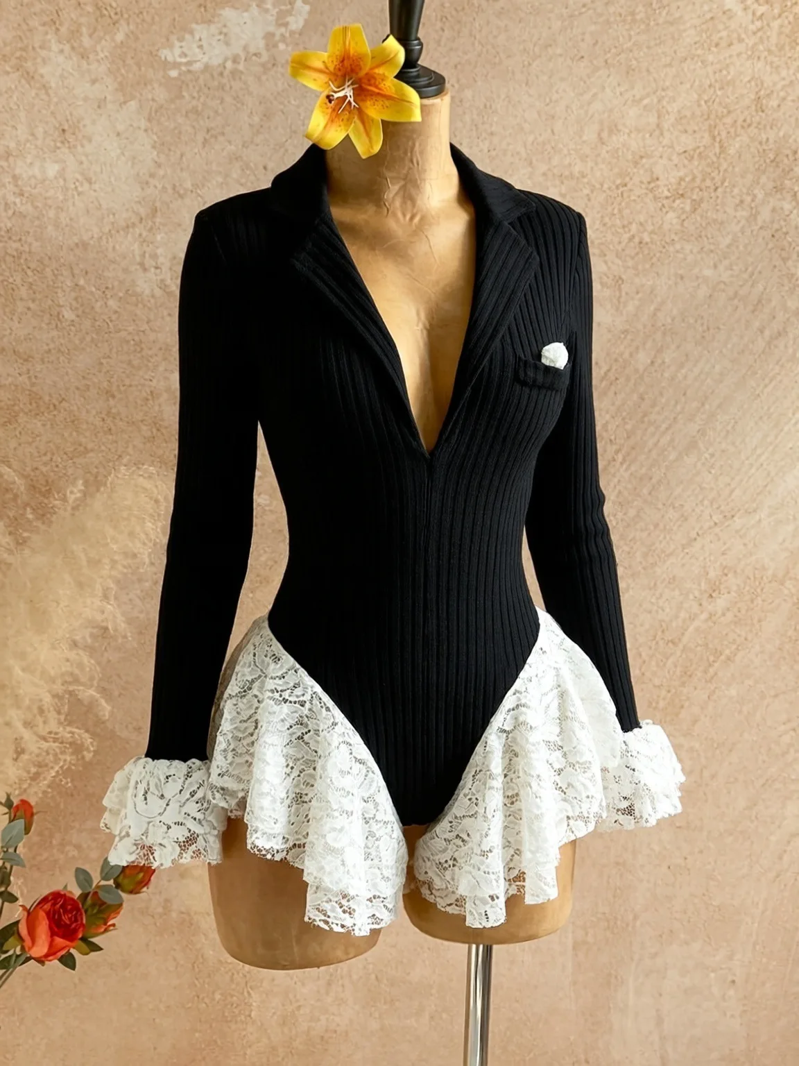 Sexy Deep V-neck Lace Jumpsuit For Women Fashion Streetwear Flared Long Sleeves Playsuits High Waist Slim Lady New image 5