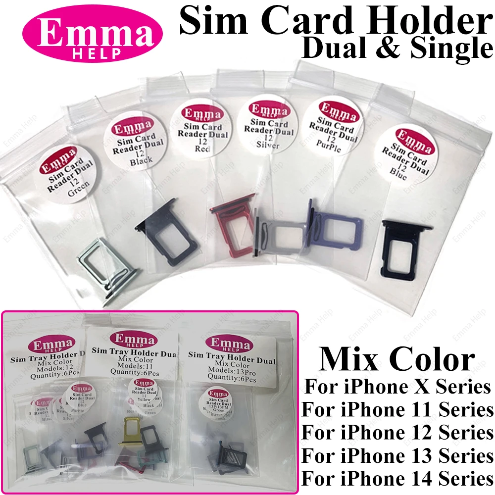 EmmaHelp 6pcs Single / Dual SIM Card Tray for iphone 11 11pro 12pro max 12 13 Pro Max 14 Plus SIM Card Holder 6 Color Mixes