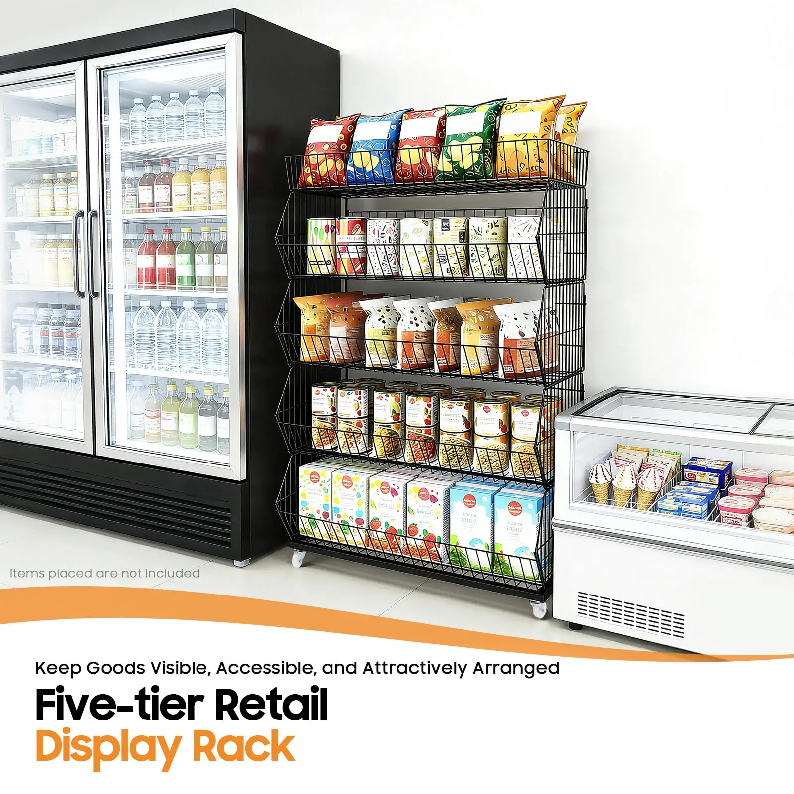 5 Tier Retail Display Rack with Wheels,Rolling Fruit Vegetable Stand,Metal Snack Chip Display Shelf,Freestanding