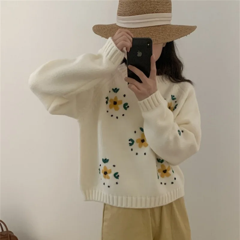 Yellow Floral Knitted Y2K Sweaters Pullovers Women Spring New Aesthetic Long Sleeve Cardigans Streetwear O Neck Sweater Autumn