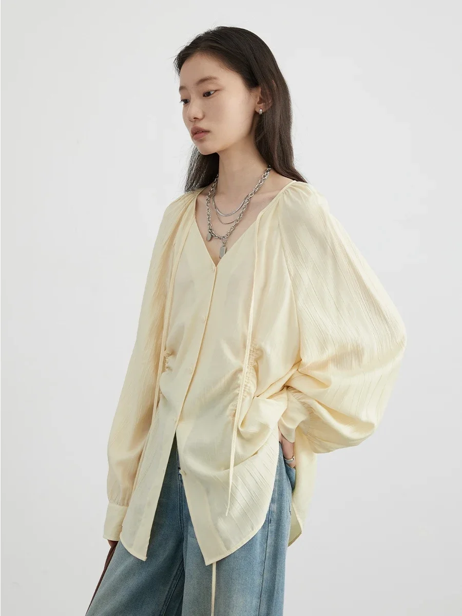 CHIC VEN Women Loose Lace Up Shirt Solid New Korean V-neck Pleated Raglan Long Sleeved Blouses Female Tops Summer 2024