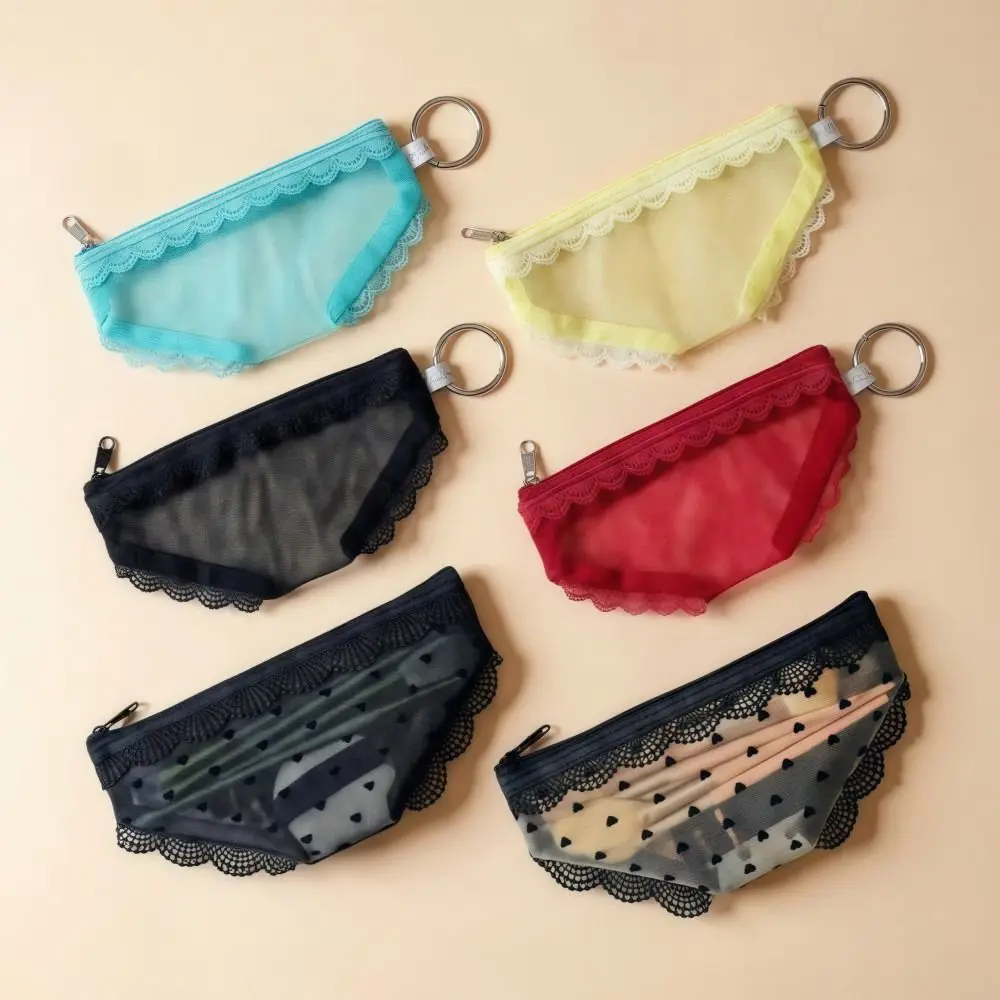 Creativity Briefs Shape Cosmetic Bag Mesh Lace Heart Makeup Storage Pouch Transparent Y2K Toiletry Bag Storage for Travel