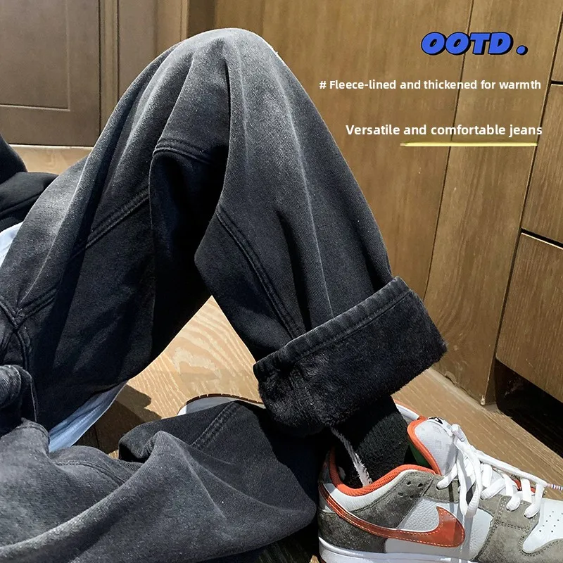 

Retro Waed Fce Lined Thiened Men's Jeans Loose Straight Wide Leg Pants High Street Sle Winter Faion Youth Trend