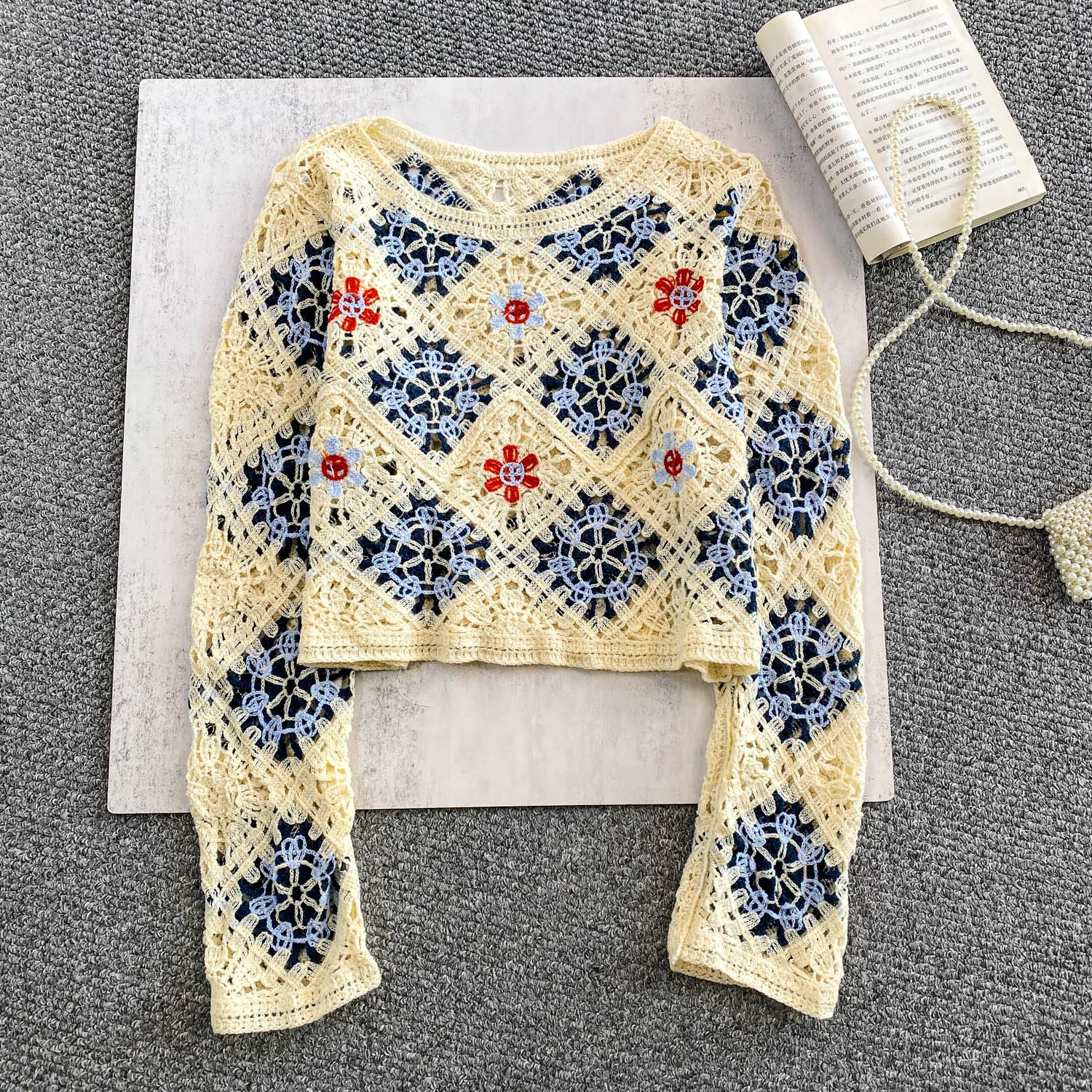 Vintage Elegant O-Neck floral Knit long sleeve Blouse Fashion Shirt  Casual Top Fairy Women Shirt