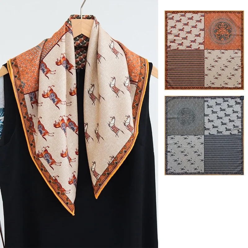 Four Grid Spliced Pony Totem Silk Wool Square Scarf Double Sided Different Color Women Versatile Shawl Neck Wrap Accessory