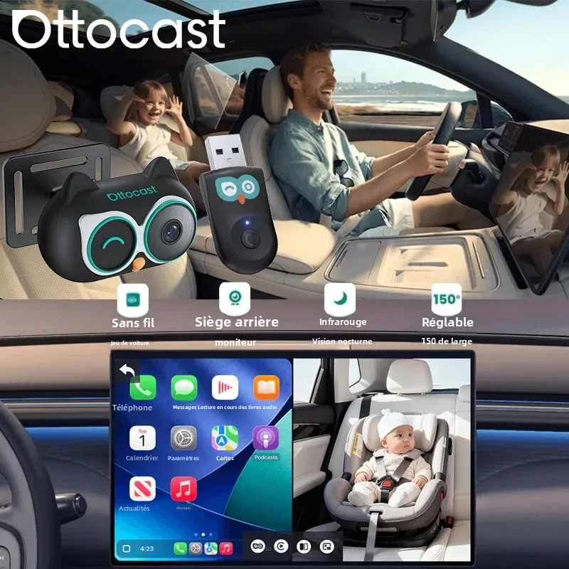 Ottocast Cabin Care Adaptateur CarPlay sans fil 1080P Caméra de siège arrière de voiture 150 ° Nuit grand angle pour enfants et animaux de compagnie pour Benz Toyota VW