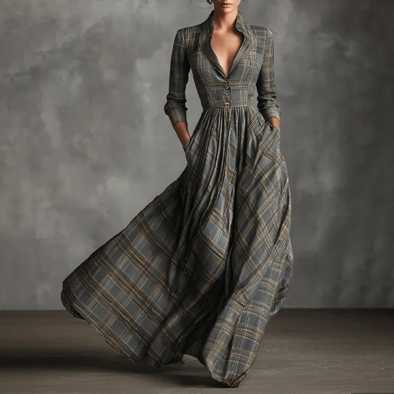 

Autumn Women Vintage Plaid Maxi Dress Elegant V Neck Long Sleeve Button Down Flowy Western Cowboy Shirt Dress with Pockets