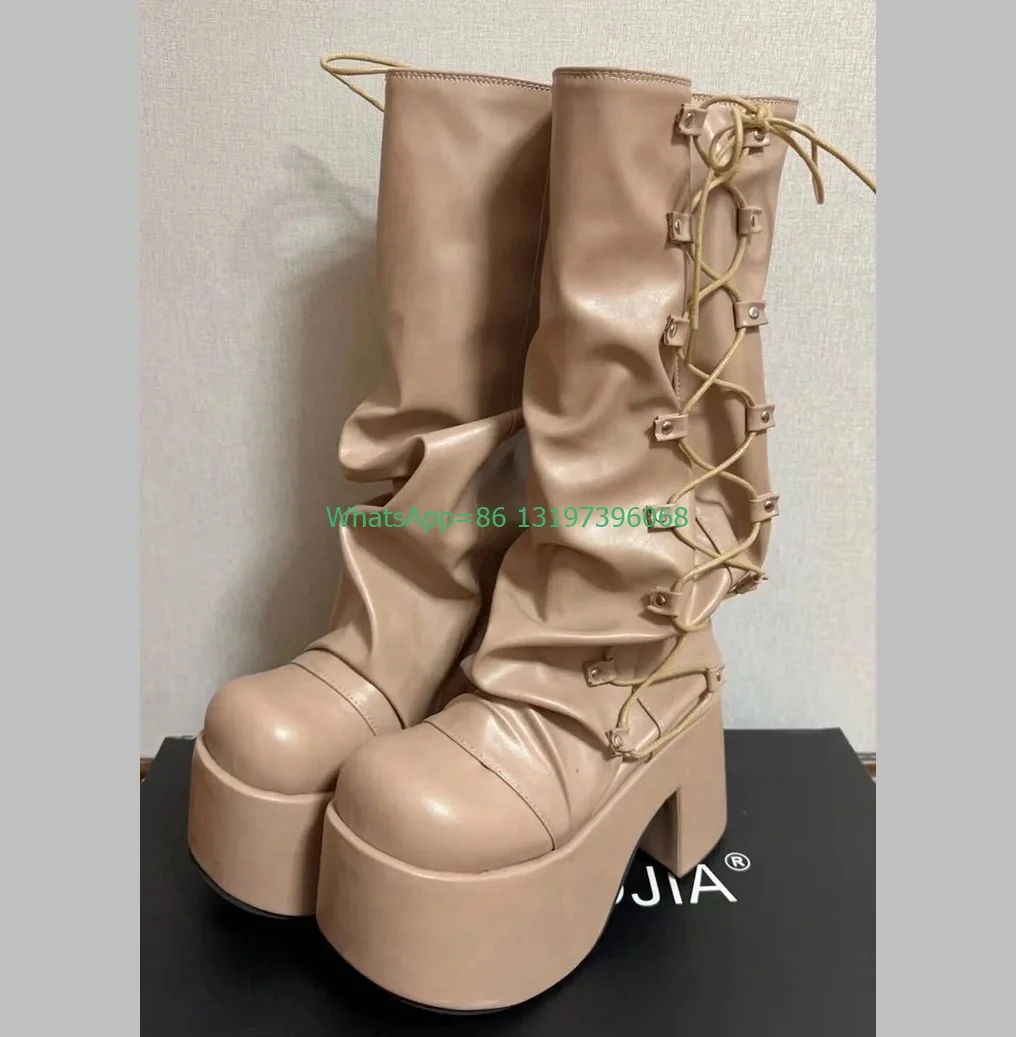 Lady Nude Chunky Heel Platform Knee Boots Lace-Up PU Punk Gothic Style Y2K Design Runway Boots Running New Arrive Footwear Size