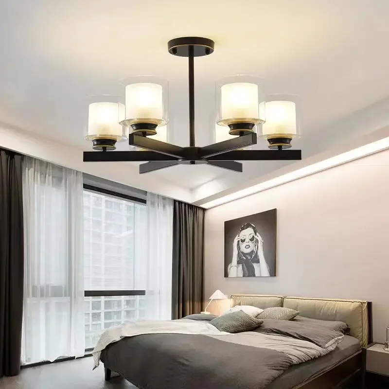 SANDYHA Modern Black Gold Chandeliers Double Glass LED Lamps for Bedroom Living Room Dining Table