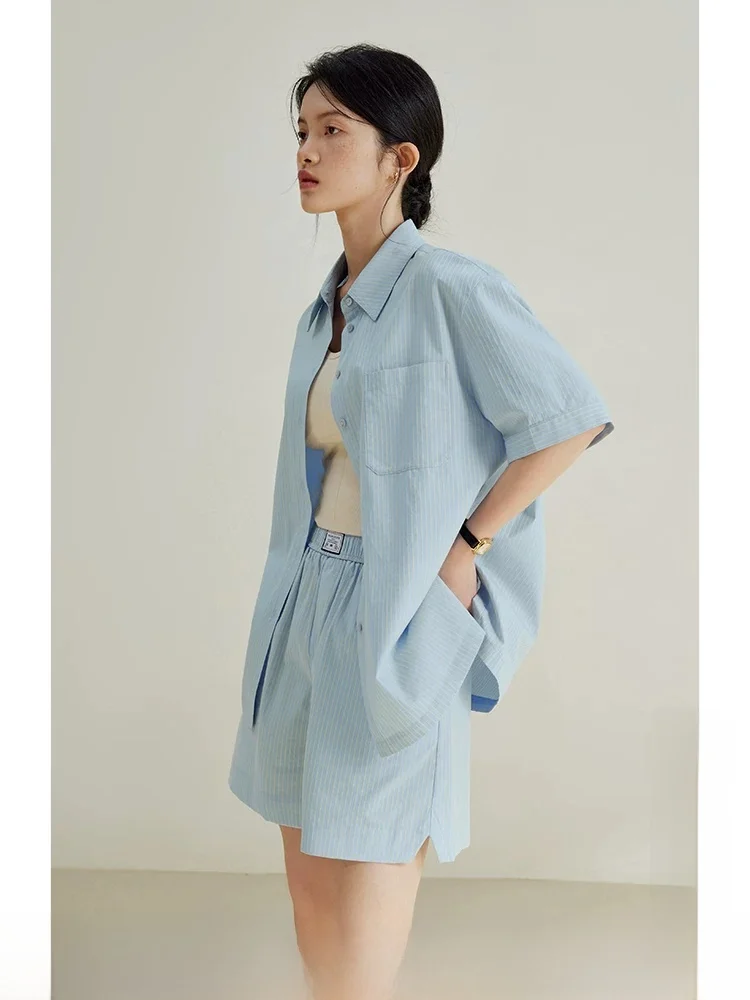 

Fashionable Commute Shirt And Short Pants Set Women's Casual Loose Top Bottoms Summer New Arrival Cotton Material