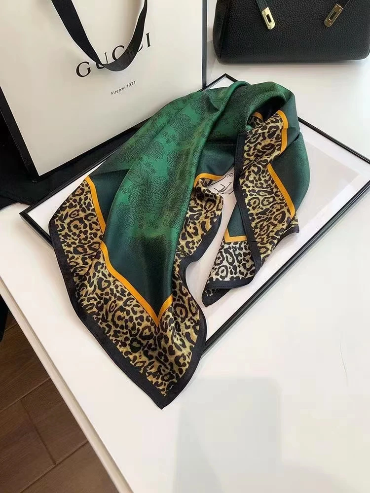 BYSIFA| Brand Square Scarves Hijabs Spring Fashion Leopard Printed 100% Pure Silk Neck Scarf Sweet Headband Gold Green 70*70cm