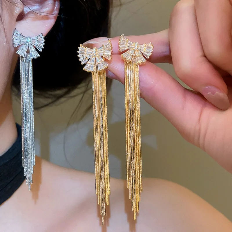

Minar New Trendy Full CZ Cubic Zirconia Bowknot Long Chain Tassel Drop Earrings for Women 18K Real Gold Silver Plated Copper