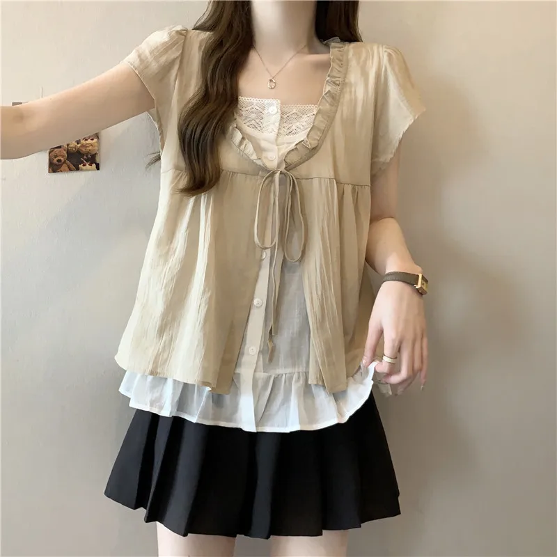 Japanese Y2k Harajuku Loose Sleeveless Tops Sweet Casual Lace Up Solid V-neck Chiffon Top Female Chic Thin Ruffle Blouse Anime