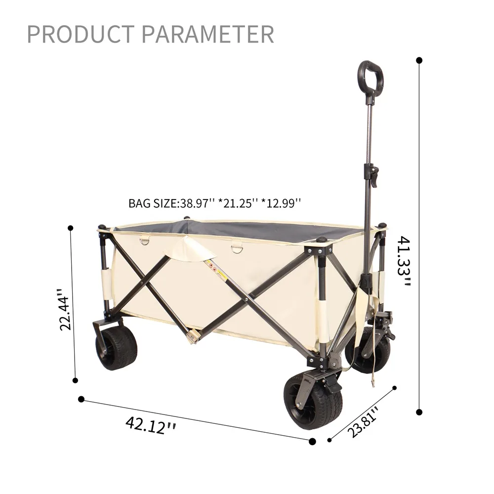 Folding Wagon, Heavy Duty Utility Beach Wagon Cart for Sand with Wheels, Adjustable Handle&Drink Holders Camper Garden Vehicle