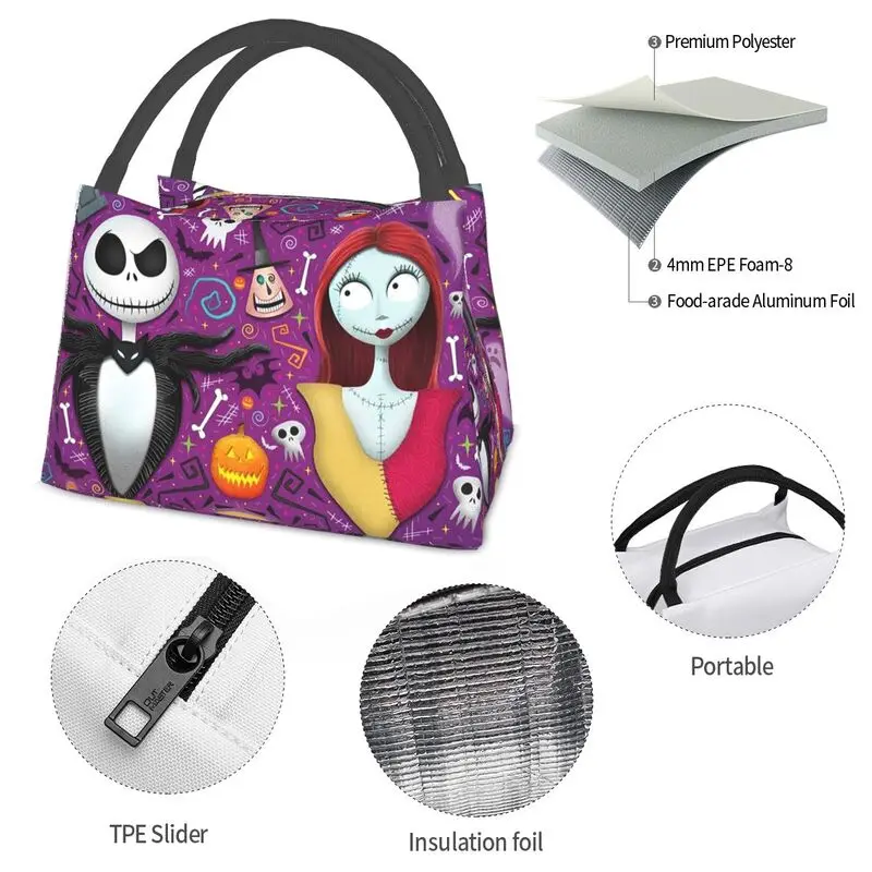 تيم بيرتون عيد الميلاد فيلم الرعب الحرارية معزول أكياس الغداء جاك سالي الجمجمة هالوين المحمولة حاوية الغداء وجبة عبوة طعام #5