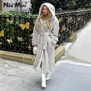 Image Neo Mint Belted Faux Mink Fur Coat Women 2024 Winter Beige Gradient Furry Fur Jacket Luxury Brand Hooded Warm Outerwear Overcoat