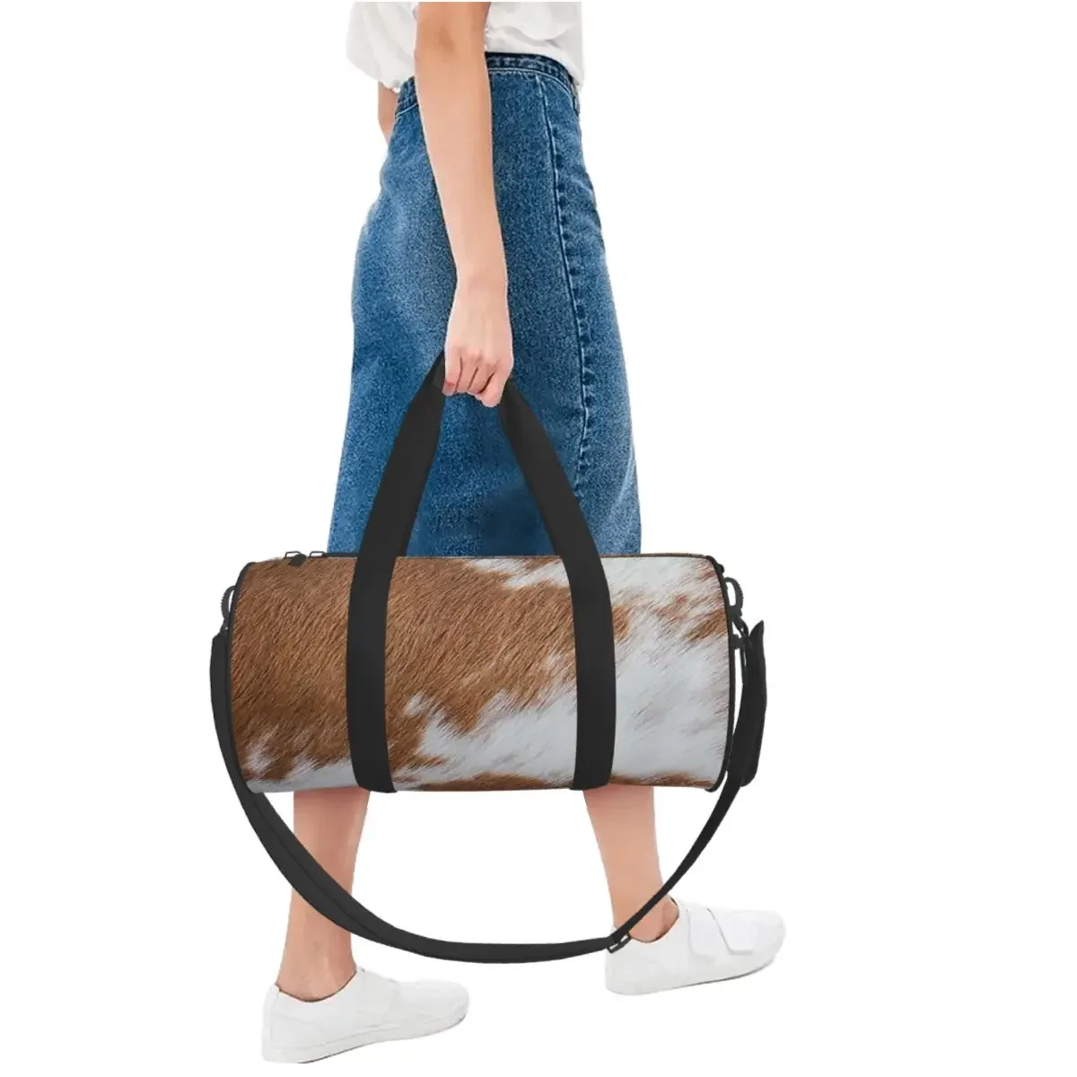 أنيق البقرة الفراء جلد البقر الملمس جلد البقر طباعة نمط كبير واق من المطر حقيبة قاعة رياضة متعددة الوظائف حقائب السفر حقائب اللياقة البدنية