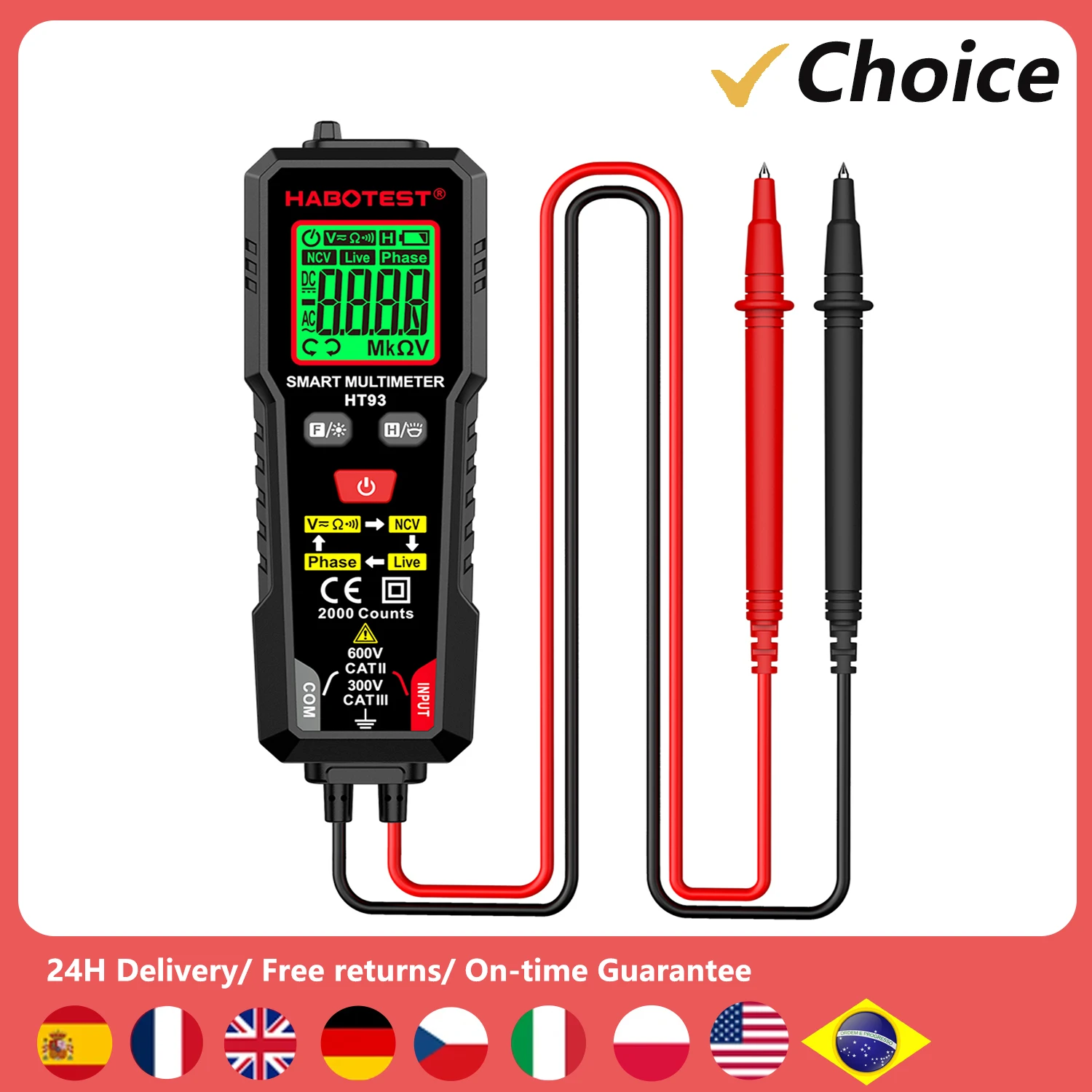 HABOTEST HT93 Digital Multimeter Voltage Tester 2000 Counts Meter  Accurately Measures AC/DC Resistance with NCV Live Wire Test