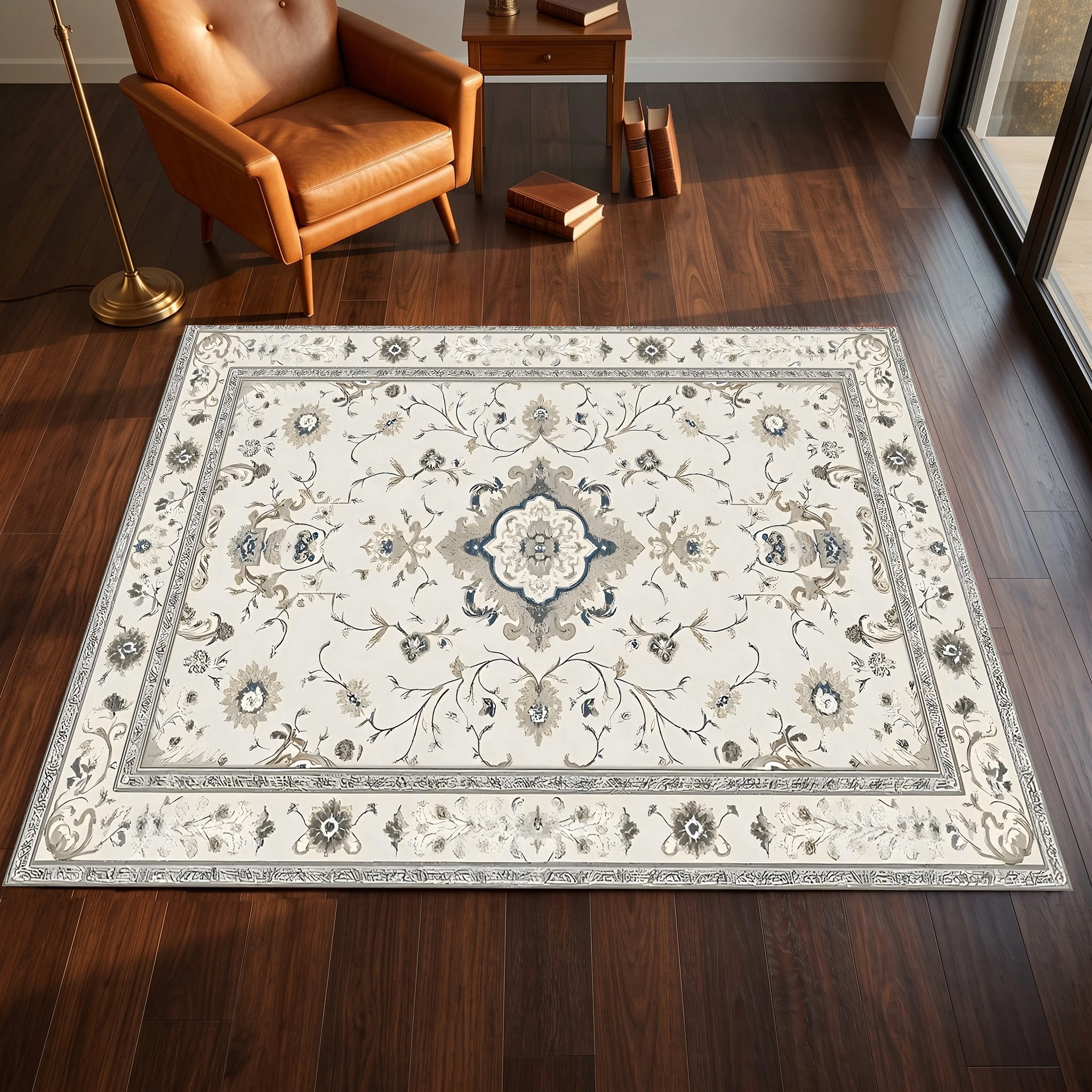2D Large Rug with Retro Persian Symmetrical Floral Pattern, Light Luxury European Style, Suitable for Living Room and Bedroom, One-Click Renovation for Autumn and Winter Decoration