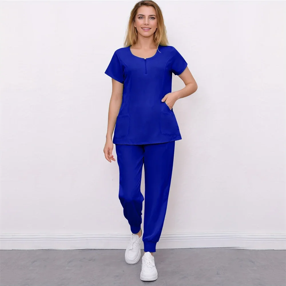 Operating Room Nurse Surgery Round Neck Leisure Suit Stretch Zipper Pet Beauty Salon Clinic Scrub Medica Short-sleeved Uniforms