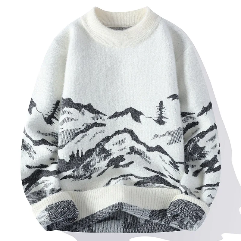 

2023 Men's Winter New round Neck Thick Warm Printing Sweater
