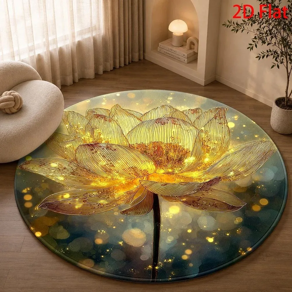 Oriental Golden Lotus Round Carpet Glowing Bokeh Floral Glitter Sparkle Textured Print Circular Floor Rug for Living Room